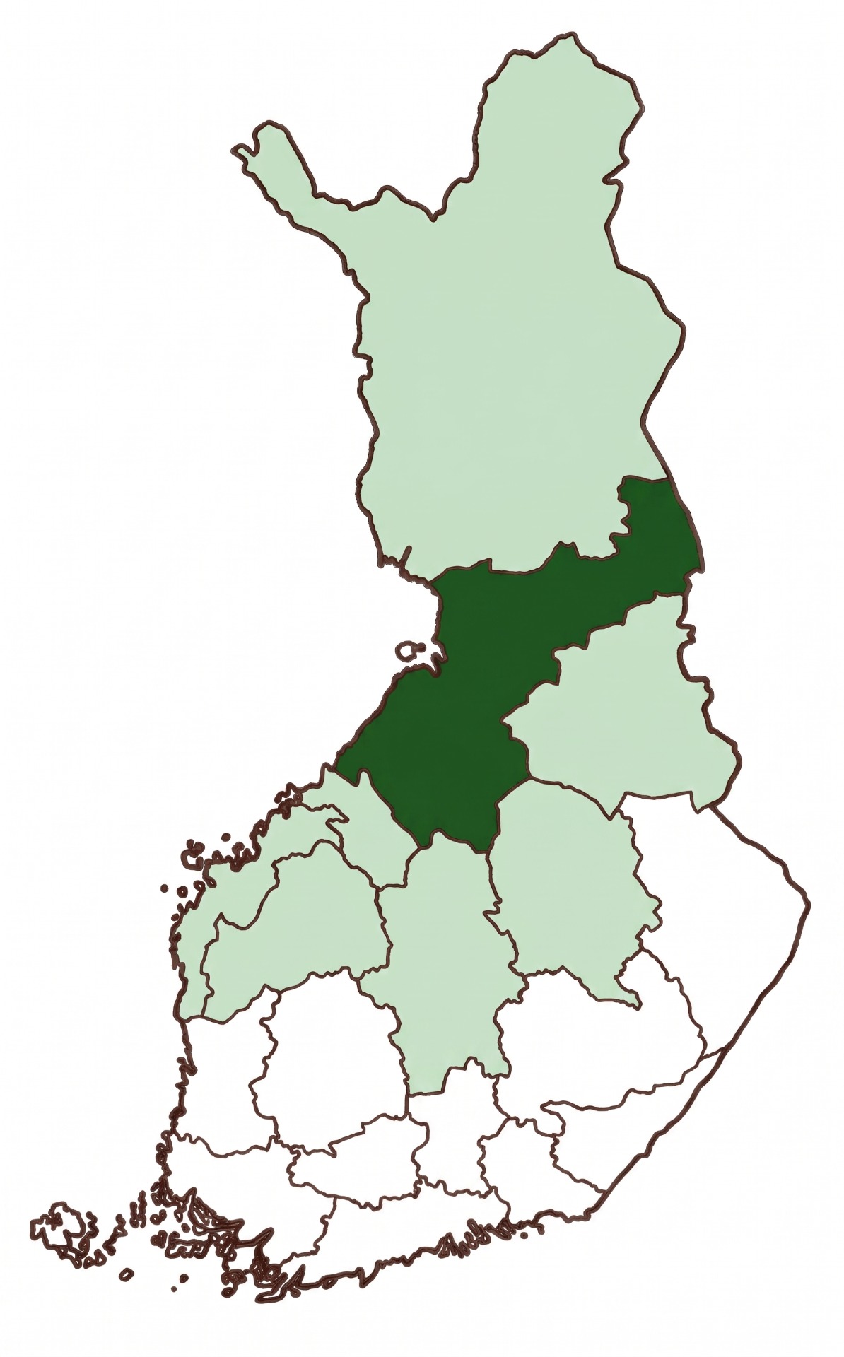 Suomen kartta, jossa alueet on korostettu keltaisella ja vihreällä, rajat erottuvat tummalla ääriviivalla.